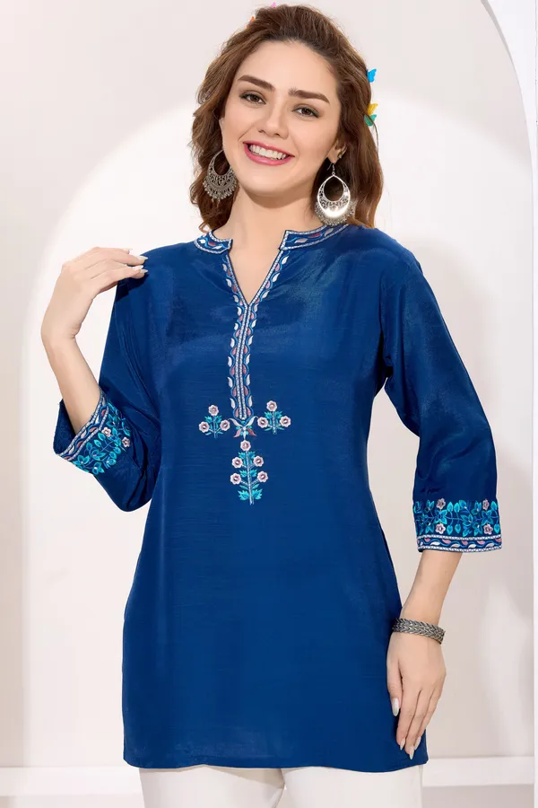 Blue_Polysilk_Short_Tunic_with_Colorful_Elegant_Embroidery