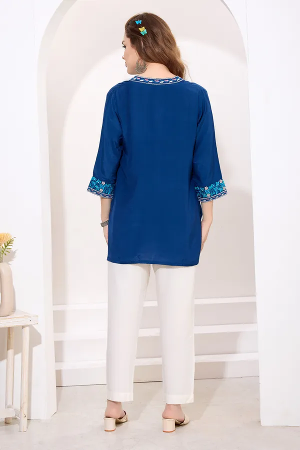 Blue_Polysilk_Short_Tunic_with_Colorful_Elegant_Embroidery