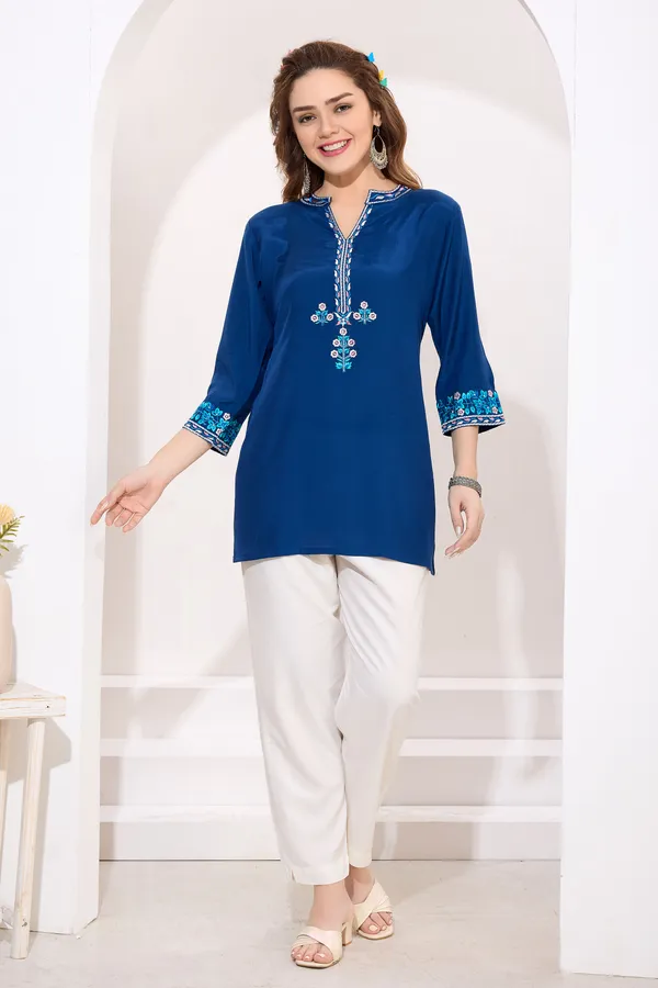 Blue_Polysilk_Short_Tunic_with_Colorful_Elegant_Embroidery