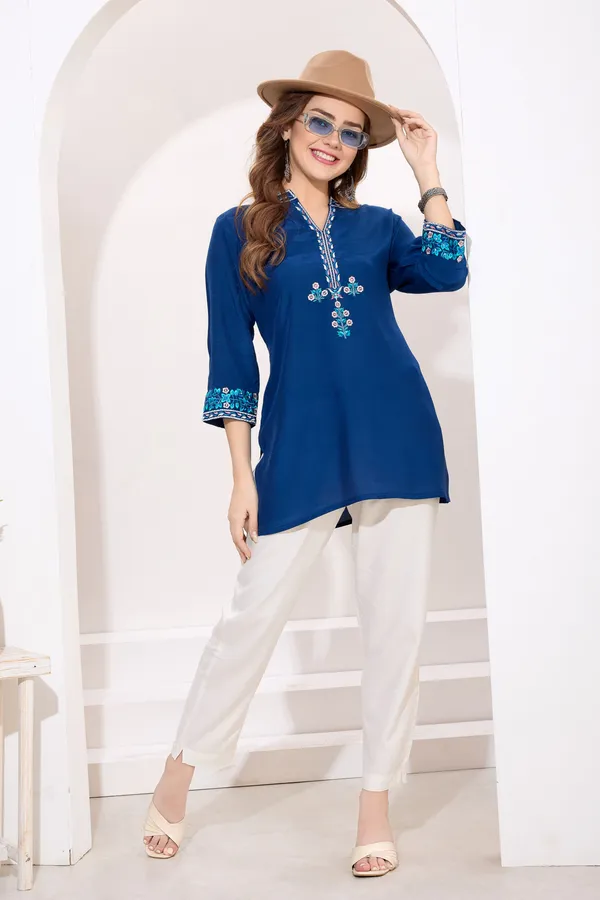 Blue_Polysilk_Short_Tunic_with_Colorful_Elegant_Embroidery