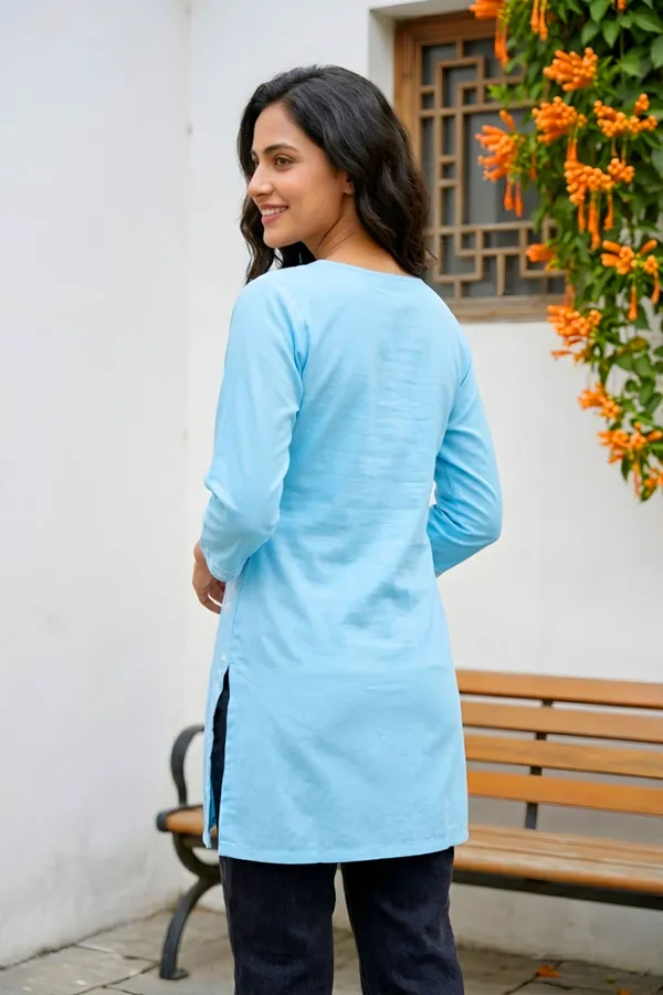 Fresh_Blue_Rayon_Short_Kurti_with_Chikankari_Embroidery