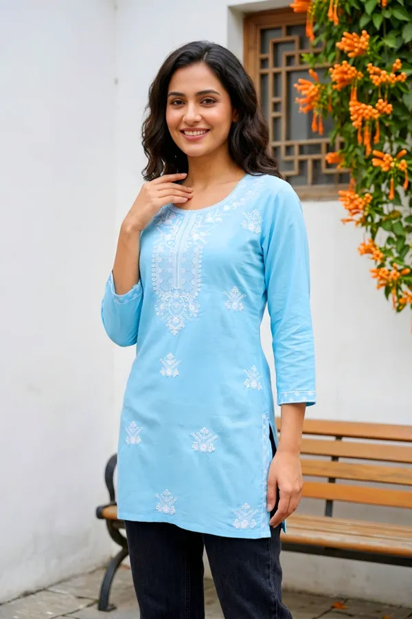 Fresh_Blue_Rayon_Short_Kurti_with_Chikankari_Embroidery