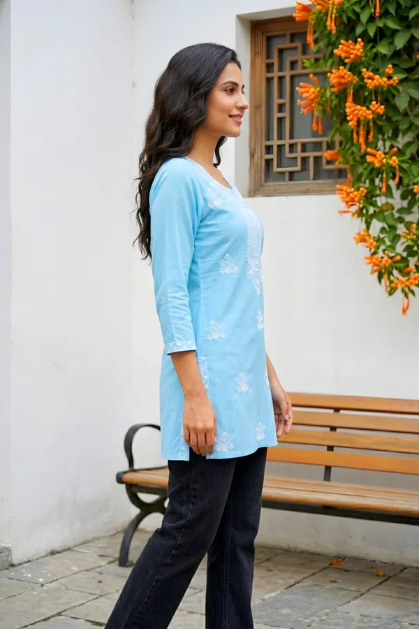 Fresh_Blue_Rayon_Short_Kurti_with_Chikankari_Embroidery