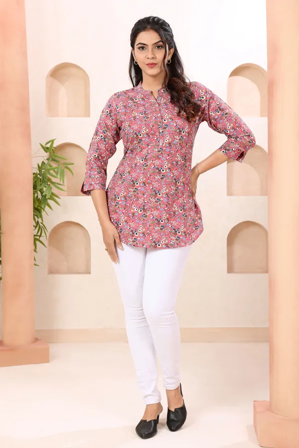 Floral_Coral_Ban_Collar_Short_Tunic_Top_for_Women
