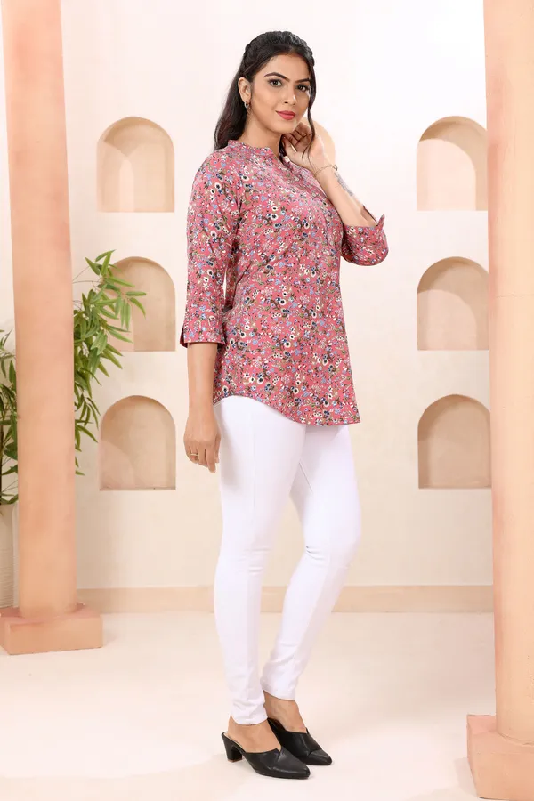 Floral_Coral_Ban_Collar_Short_Tunic_Top_for_Women