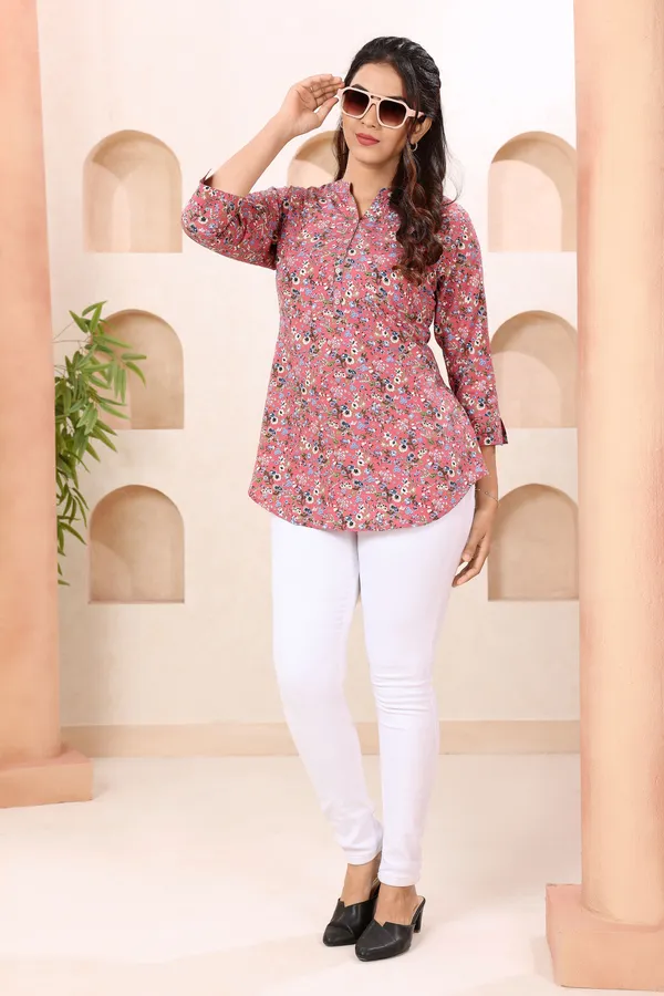 Floral_Coral_Ban_Collar_Short_Tunic_Top_for_Women