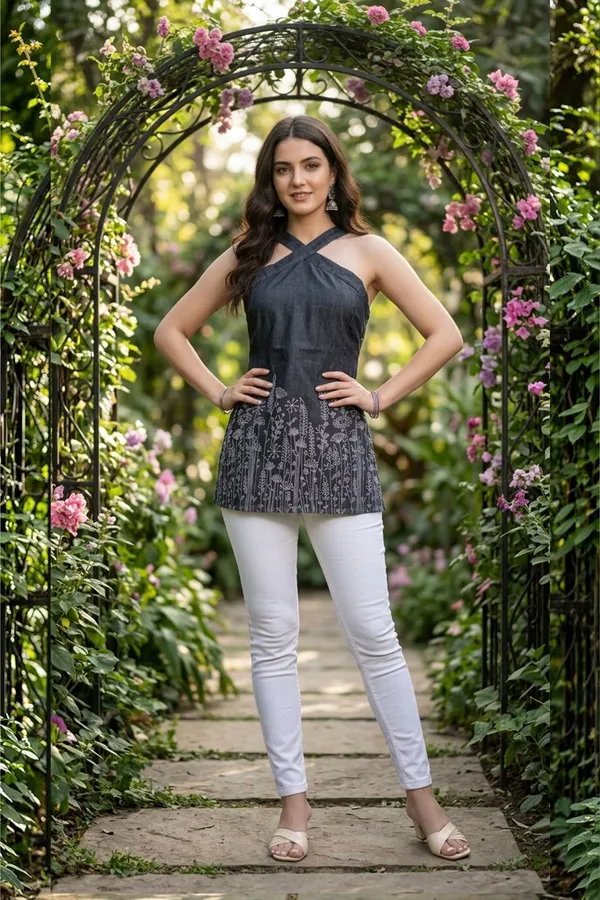 Indo_Western_Black_Denim_Kurti_with_Halter_Cross_Strap_and_Corset_Back