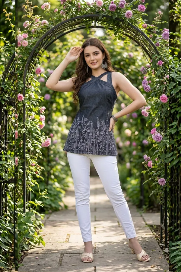 Indo_Western_Black_Denim_Kurti_with_Halter_Cross_Strap_and_Corset_Back