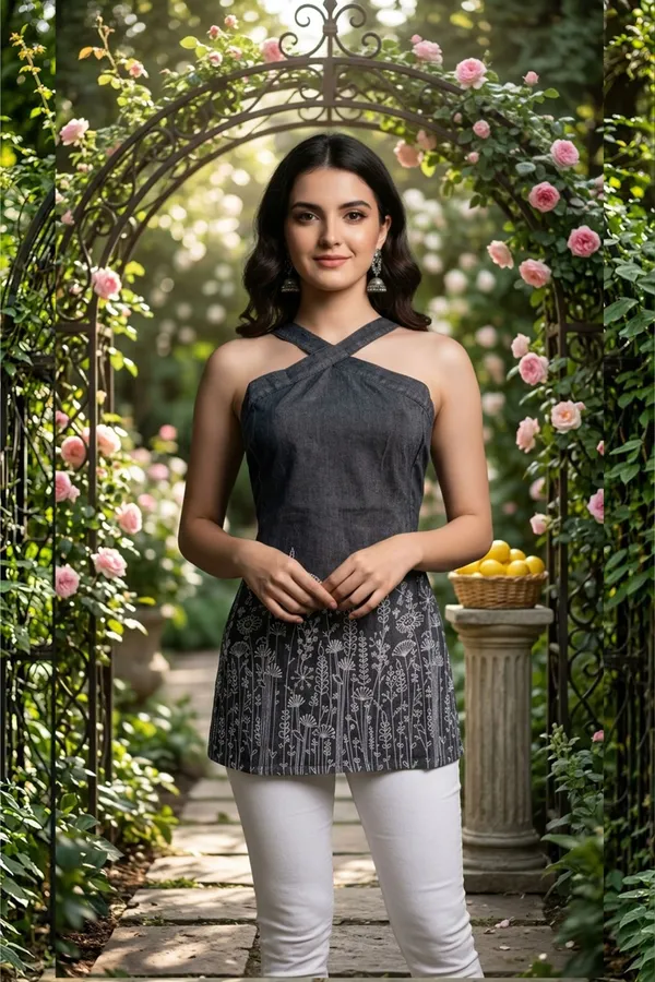 Indo_Western_Black_Denim_Kurti_with_Halter_Cross_Strap_and_Corset_Back