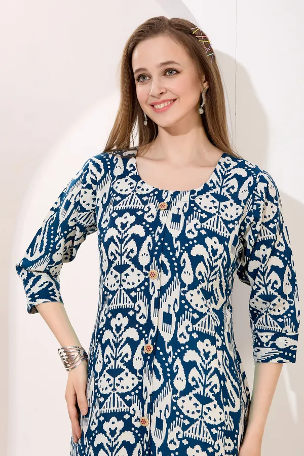 Peacock_Blue_Linen_Cotton_Princess_Cut_Long_Kurta_For_Women