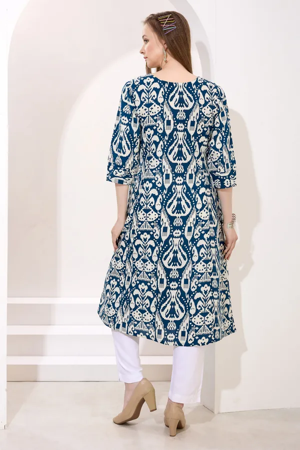 Peacock_Blue_Linen_Cotton_Princess_Cut_Long_Kurta_For_Women