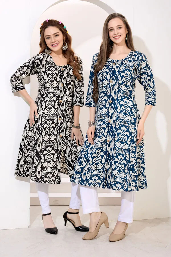 Peacock_Blue_Linen_Cotton_Princess_Cut_Long_Kurta_For_Women
