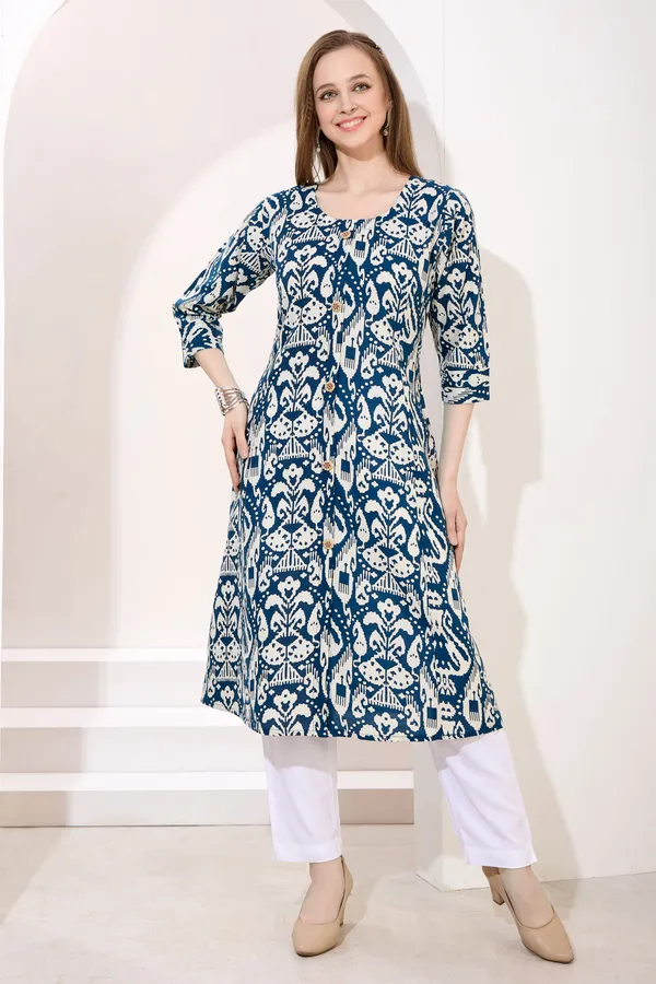 Peacock_Blue_Linen_Cotton_Princess_Cut_Long_Kurta_For_Women