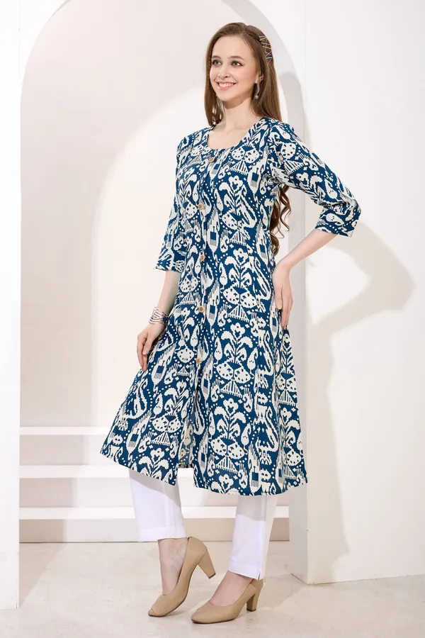 Peacock_Blue_Linen_Cotton_Princess_Cut_Long_Kurta_For_Women