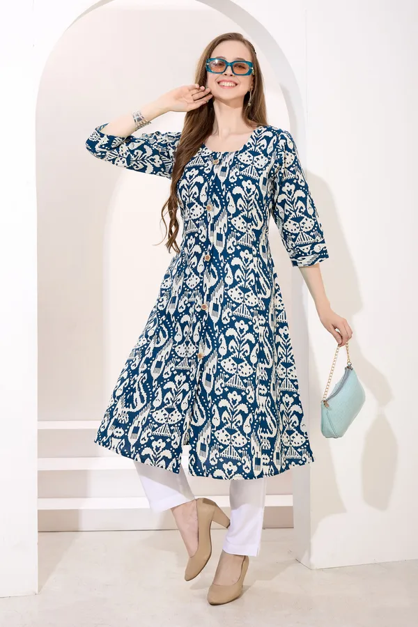 Peacock_Blue_Linen_Cotton_Princess_Cut_Long_Kurta_For_Women