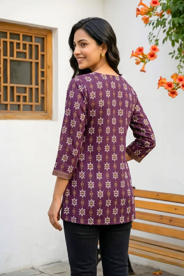 Womens_Wine_Rayon_Short_Kurti_with_Ikkat_Print_and_V_Neck
