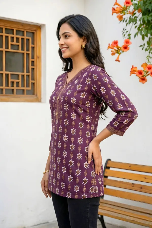 Womens_Wine_Rayon_Short_Kurti_with_Ikkat_Print_and_V_Neck