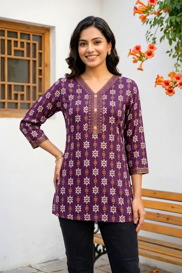 Womens_Wine_Rayon_Short_Kurti_with_Ikkat_Print_and_V_Neck