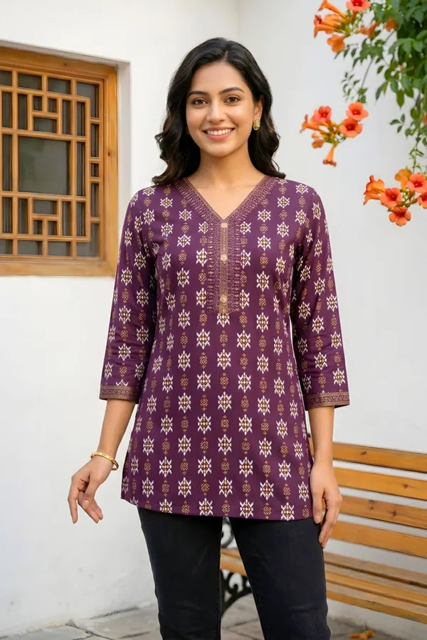 Womens_Wine_Rayon_Short_Kurti_with_Ikkat_Print_and_V_Neck
