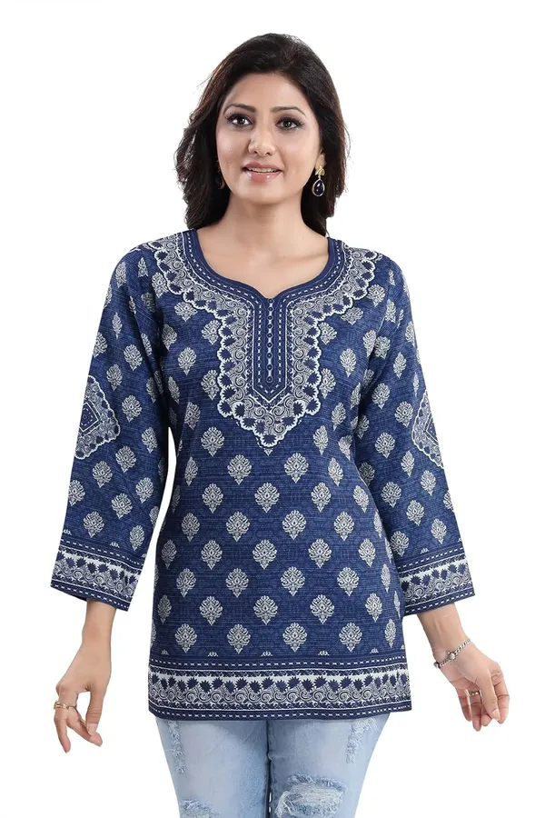Women's_Bright_As_Summer_Cool_Printed_Short_Kurti_Tunic_Top_Ink_Blue_|_Kurti_Tops_|_Short_Kurti_|_Short_Kurti_For_Women_|_Short_Kurti_For_Girls