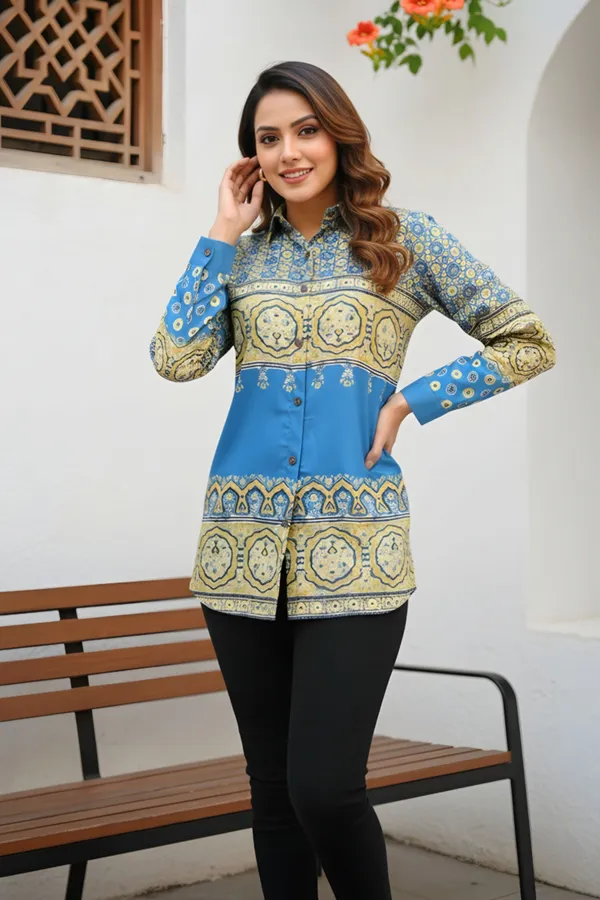 Turquoise_Womens_Modal_Azrakh_Print_Shirt_Style_Kurti_Top