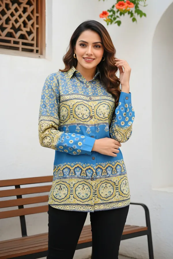 Turquoise_Womens_Modal_Azrakh_Print_Shirt_Style_Kurti_Top
