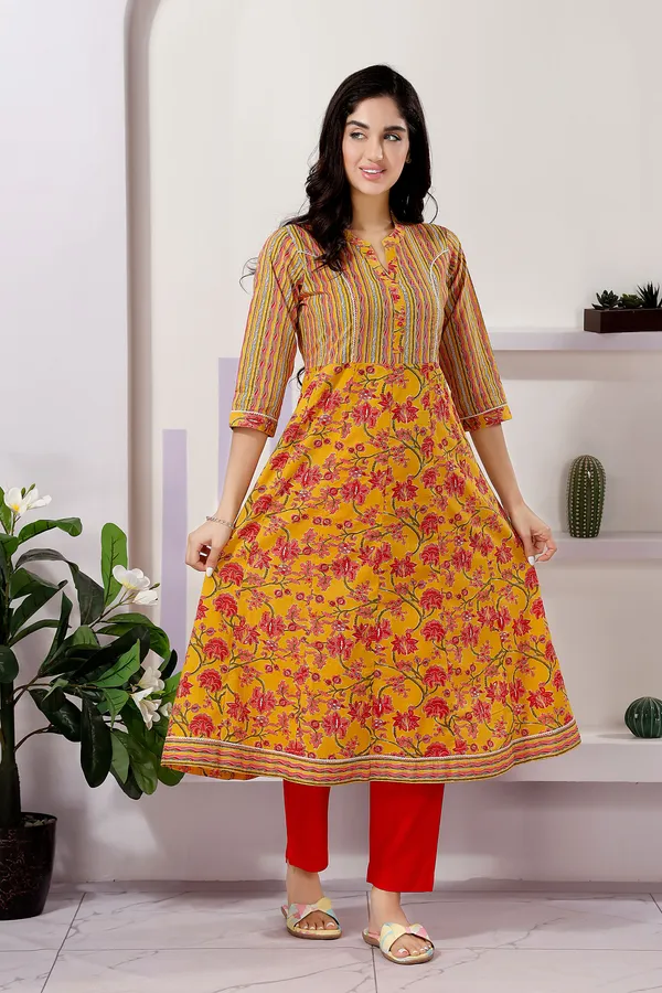 Fashionable_Yellow_Anarkali_Kurti_in_Cotton_with_Mixed_Print_Patterns