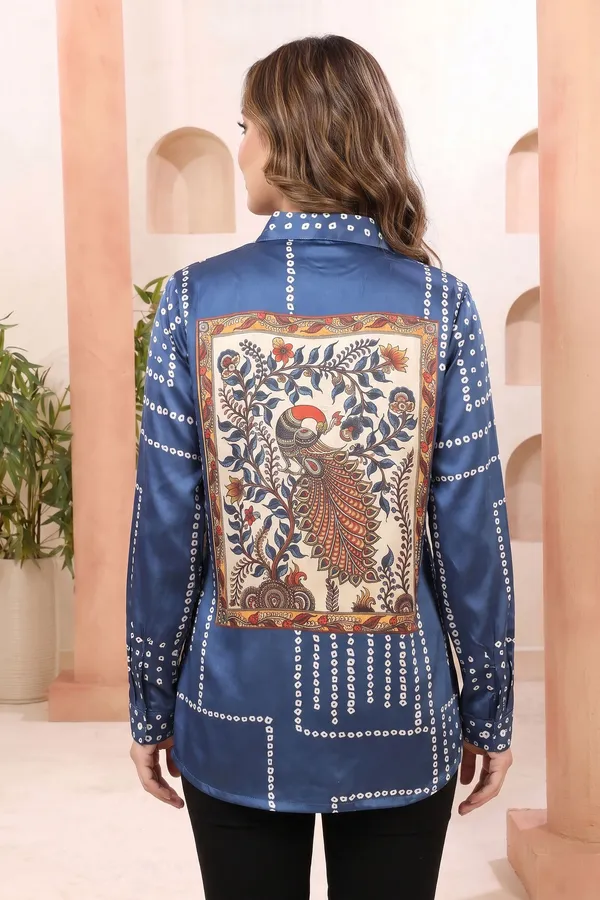 Modern_Charcoal_Grey_Bandhani_Print_Shirt_Style_Top_with_Statement_Peacock_Back_Artwork
