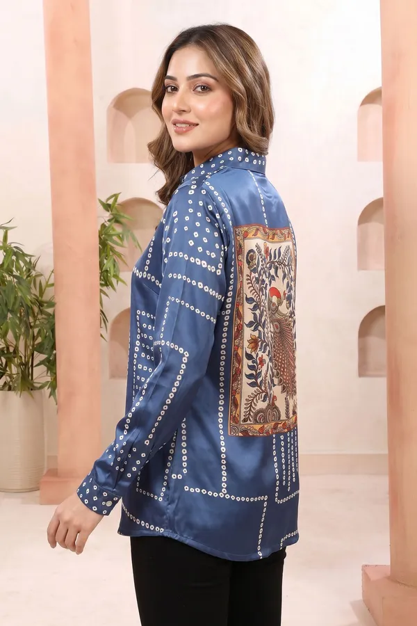 Modern_Charcoal_Grey_Bandhani_Print_Shirt_Style_Top_with_Statement_Peacock_Back_Artwork