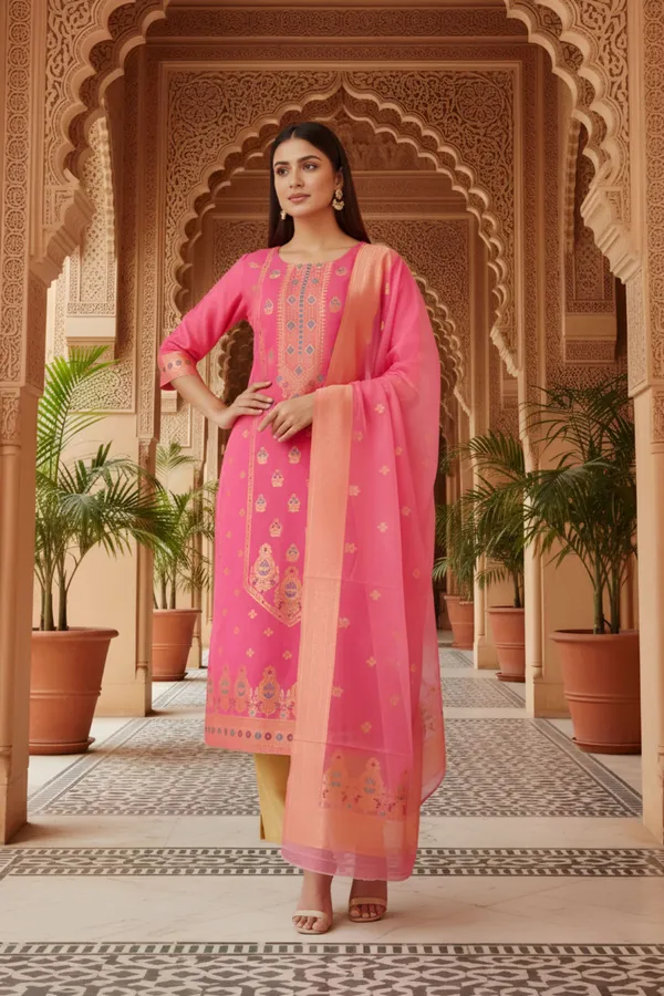 Pink_Banarasi_Chanderi_Handwoven_Women_Three_Piece_Long_Kurta_Set