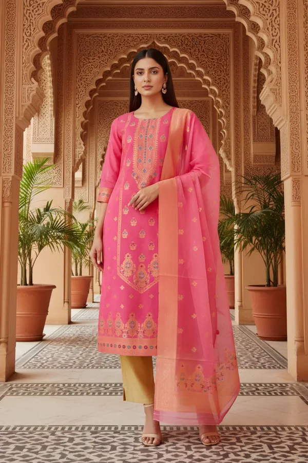 Pink_Banarasi_Chanderi_Handwoven_Women_Three_Piece_Long_Kurta_Set