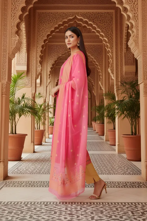 Pink_Banarasi_Chanderi_Handwoven_Women_Three_Piece_Long_Kurta_Set