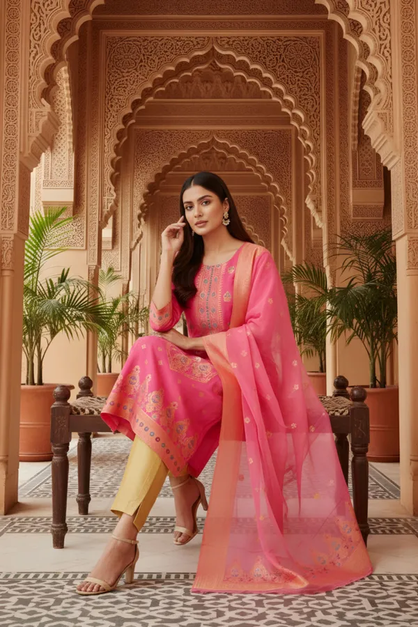 Pink_Banarasi_Chanderi_Handwoven_Women_Three_Piece_Long_Kurta_Set