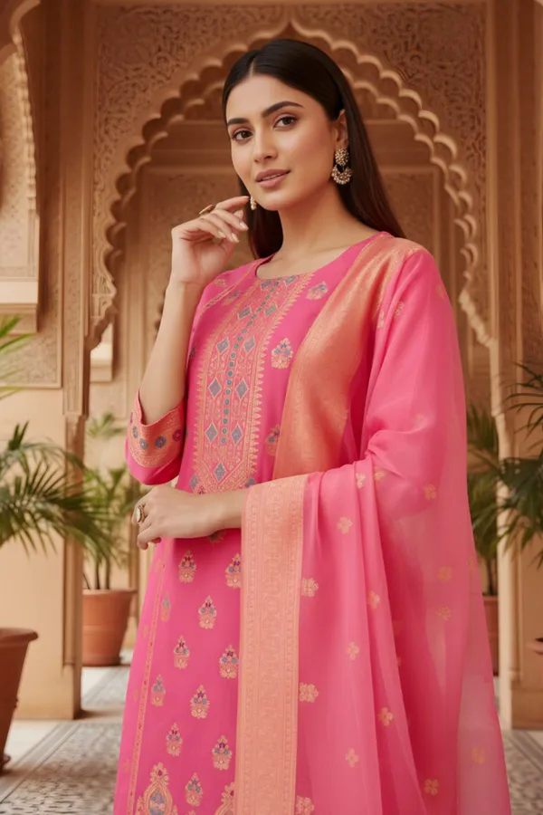 Pink_Banarasi_Chanderi_Handwoven_Women_Three_Piece_Long_Kurta_Set