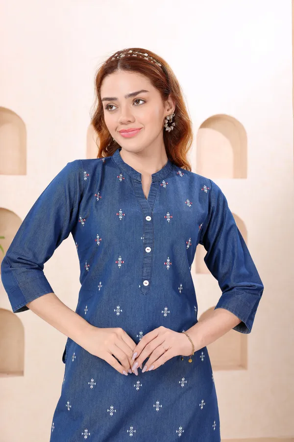 Trendy_Ban_Collar_Denim_Kurti_With_Hand_Embroidery