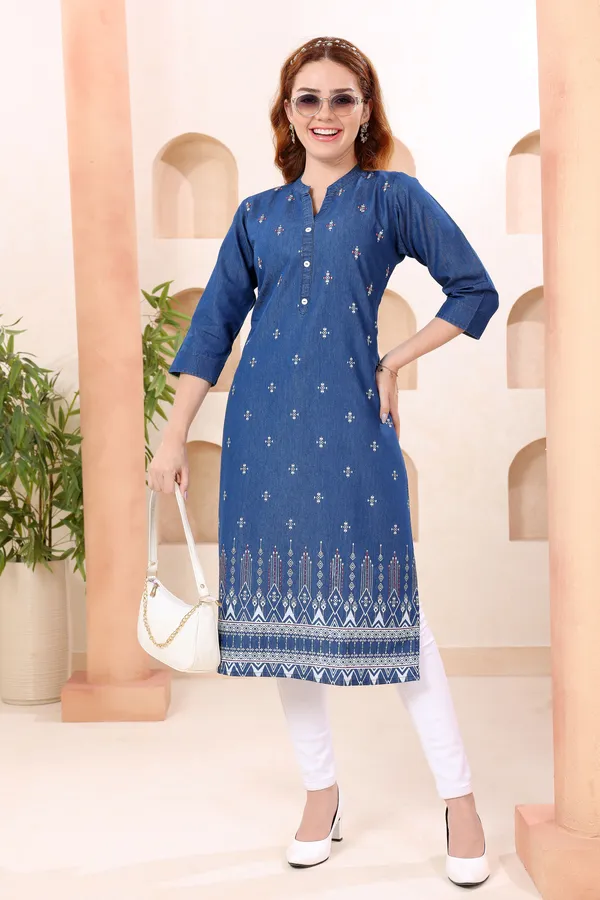Trendy_Ban_Collar_Denim_Kurti_With_Hand_Embroidery