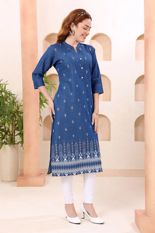 Trendy_Ban_Collar_Denim_Kurti_With_Hand_Embroidery