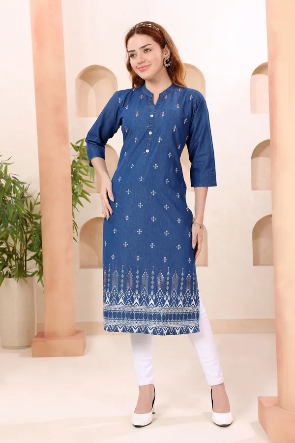 Trendy_Ban_Collar_Denim_Kurti_With_Hand_Embroidery
