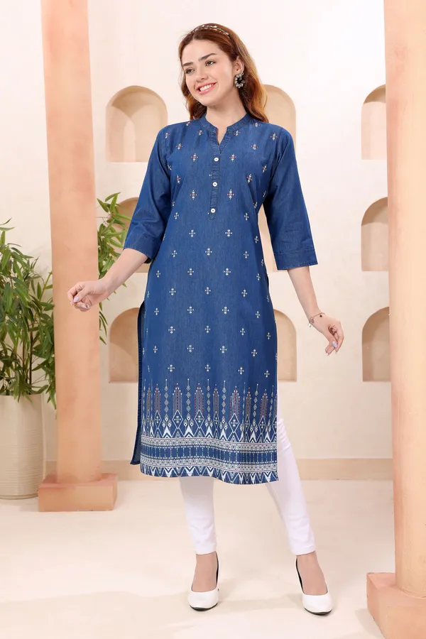 Trendy_Ban_Collar_Denim_Kurti_With_Hand_Embroidery