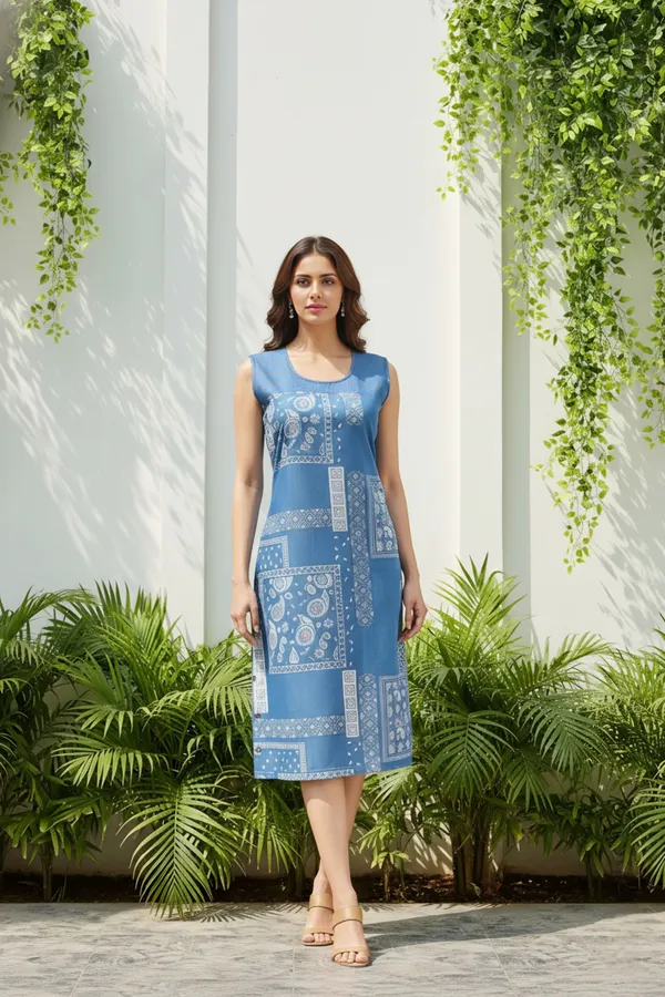 Light_Blue_Stylish_Denim_Dress_With_Attractive_Print_And_Embellishment