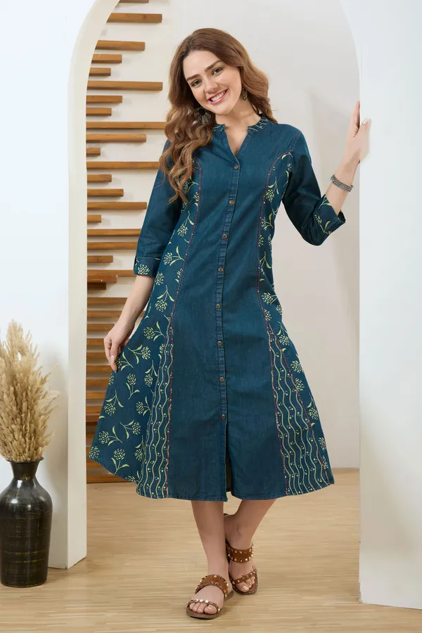 Exclusive_Denim_Green_Wash_Blue_A_Line_Indo_Western_Dress