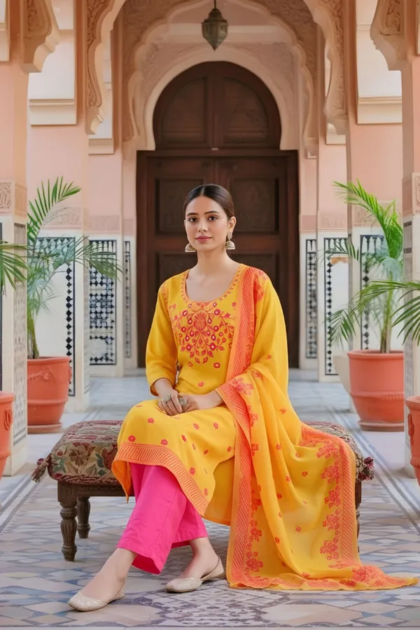 Yellow_Banarasi_Chanderi_Handwoven_Women_Three_Piece_Long_Kurta_Set