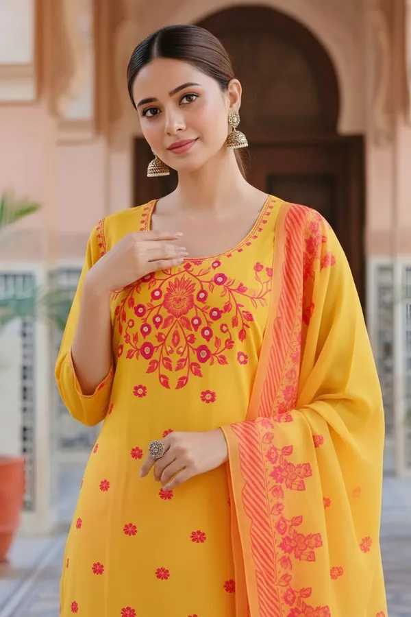 Yellow_Banarasi_Chanderi_Handwoven_Women_Three_Piece_Long_Kurta_Set