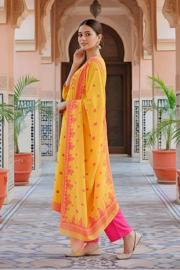 Yellow_Banarasi_Chanderi_Handwoven_Women_Three_Piece_Long_Kurta_Set
