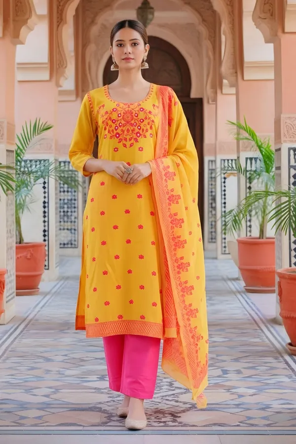Yellow_Banarasi_Chanderi_Handwoven_Women_Three_Piece_Long_Kurta_Set