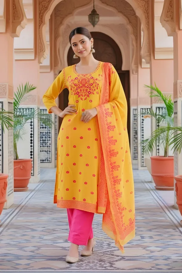 Yellow_Banarasi_Chanderi_Handwoven_Women_Three_Piece_Long_Kurta_Set