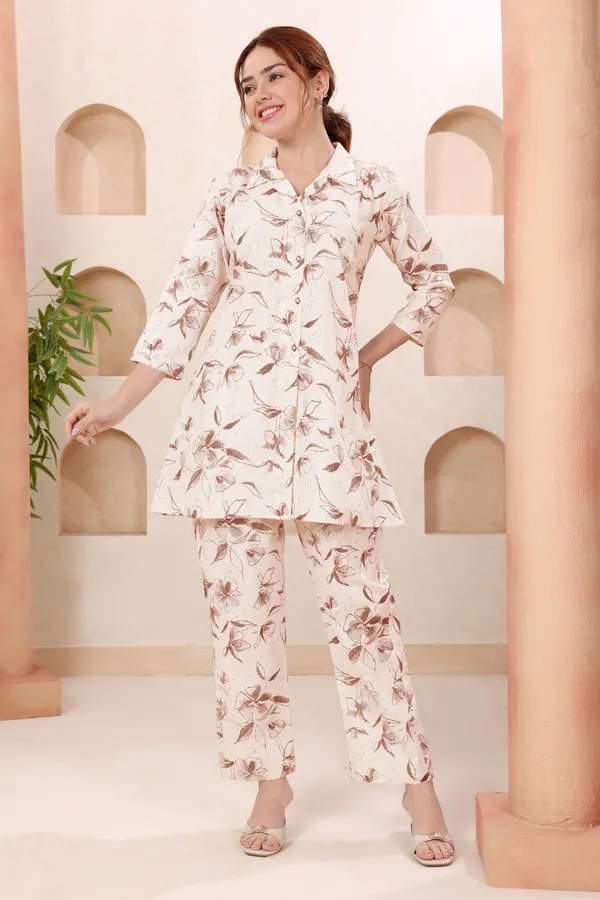 Designer_Brown_Leafy_Print_Shirt_Collar_Cotton_Co_Ord_Set
