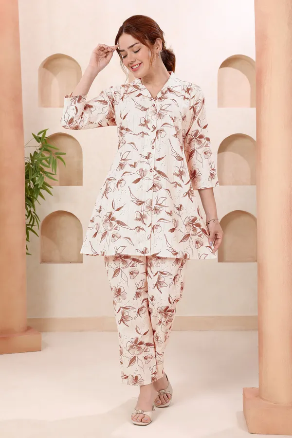 Designer_Brown_Leafy_Print_Shirt_Collar_Cotton_Co_Ord_Set