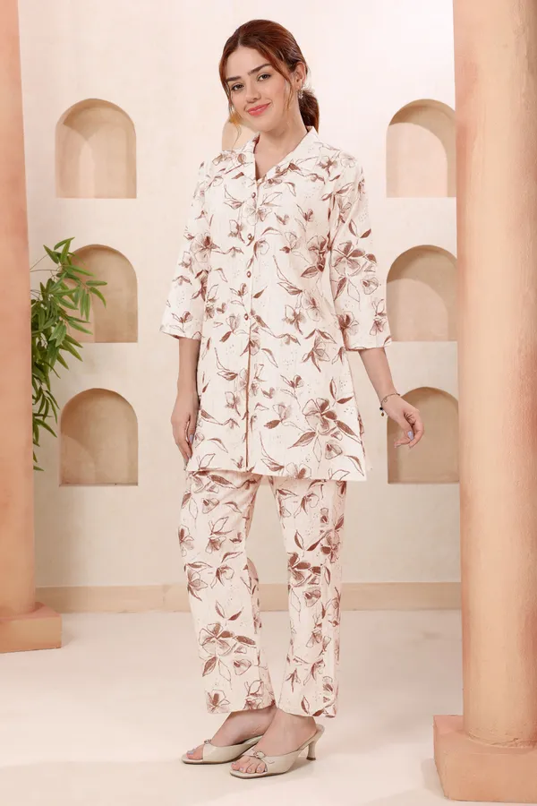 Designer_Brown_Leafy_Print_Shirt_Collar_Cotton_Co_Ord_Set