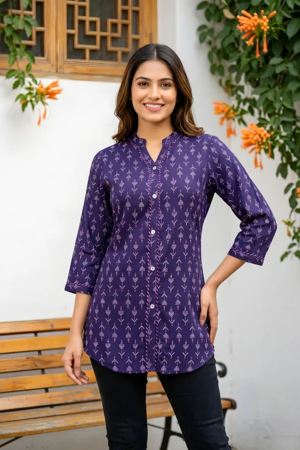 Dark_Blue_Printed_Rayon_Kurti_Top_for_Women_with_Front_Placket_Design